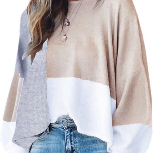 Sweaters - Women Sweater Long Sleeve Color Block Knit Pullover Sweaters Crew Neck Patchwork